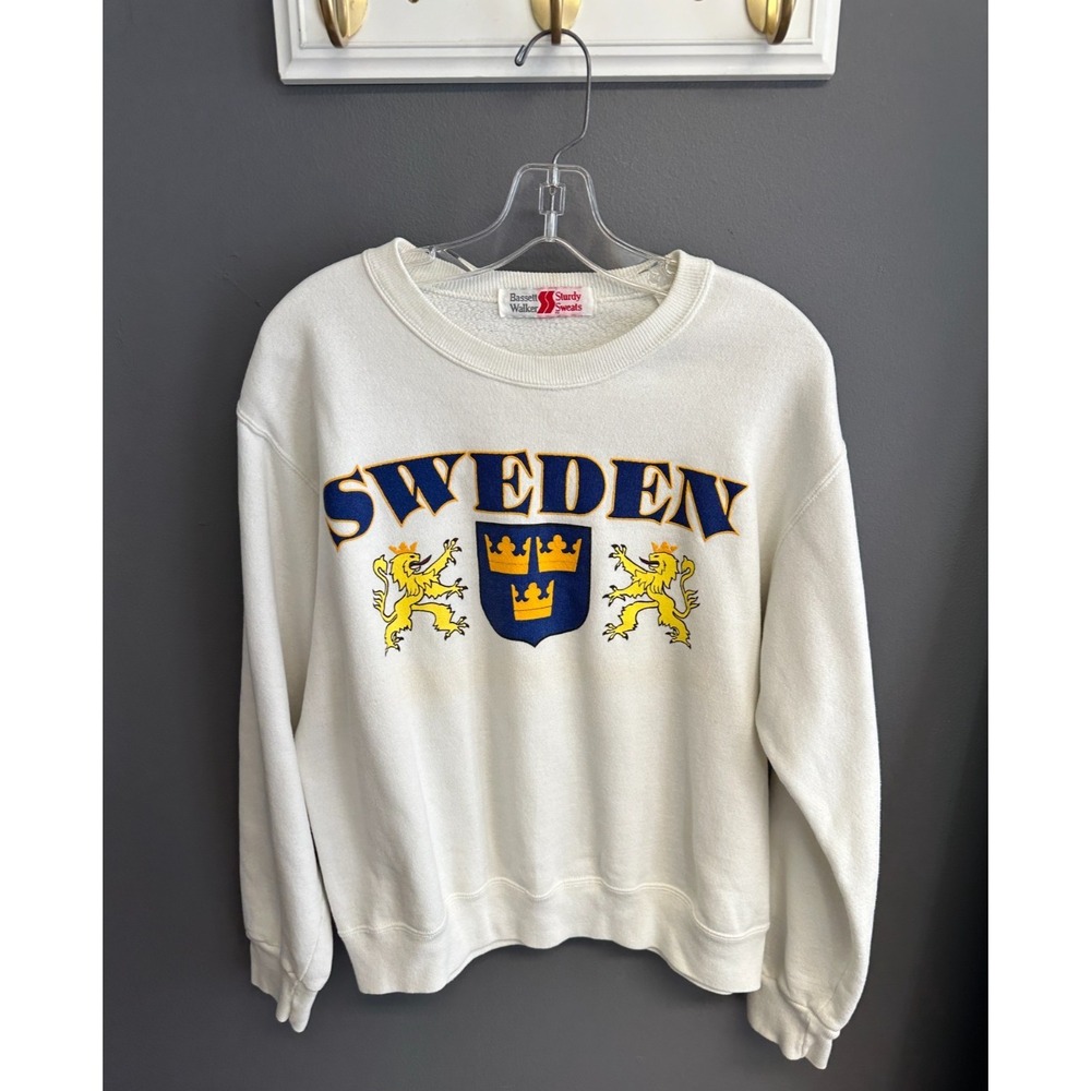 Vintage Bassett Walker Sweden Sz XL Crewneck Sweatshirt White Graphic 80s 90s